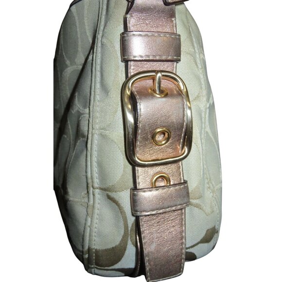 Coach 09 Zoe Signature Canvas Jacquard Khaki & HTF Rose Gold Hobo Handbag 12674 - Picture 5 of 14